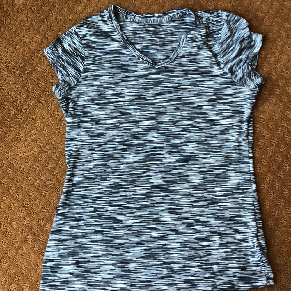 Black, white, and gray striped athletic tee